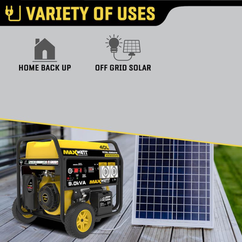 MX9000AS generator next to solar panel for off-grid power