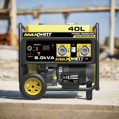 Maxwatt MX9000E5 generator front panel with 9kVA output.