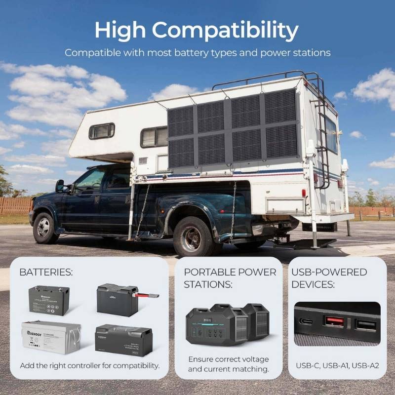 Renogy 200W solar blanket on camper showing compatibility with batteries, power stations, and USB devices