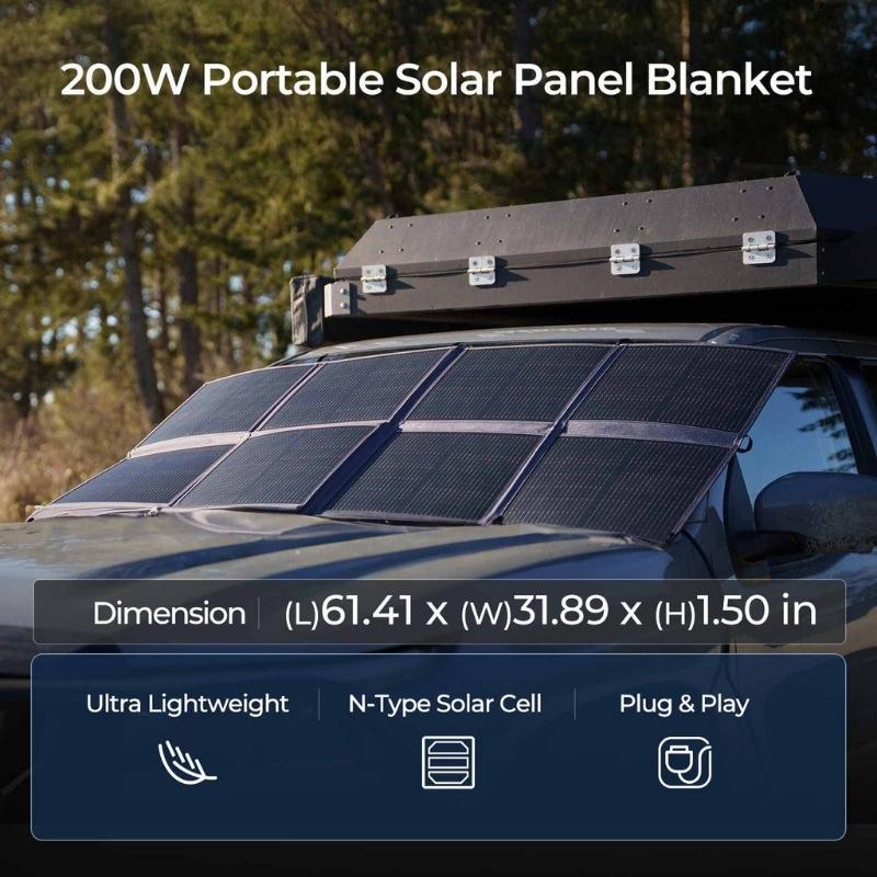 Renogy 200W solar blanket covering vehicle hood with dimensions and lightweight plug-and-play features