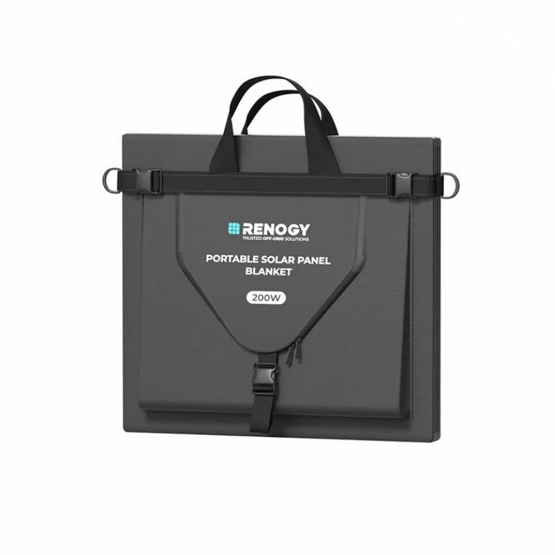 Renogy 200W solar blanket folded neatly into compact carry case with handle