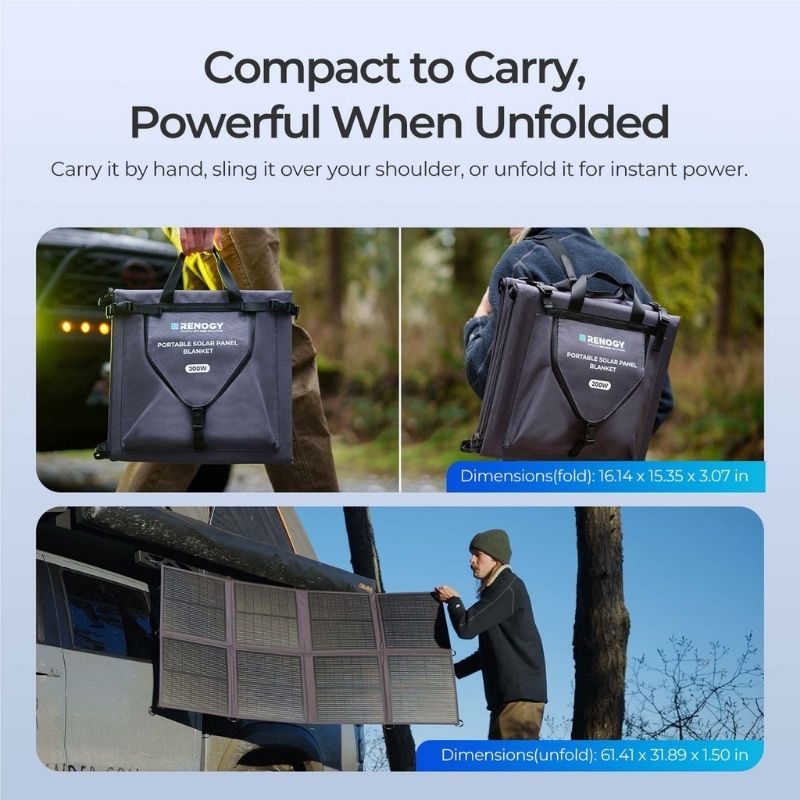Renogy 200W solar blanket carried folded and unfolded with size dimensions in outdoor setting
