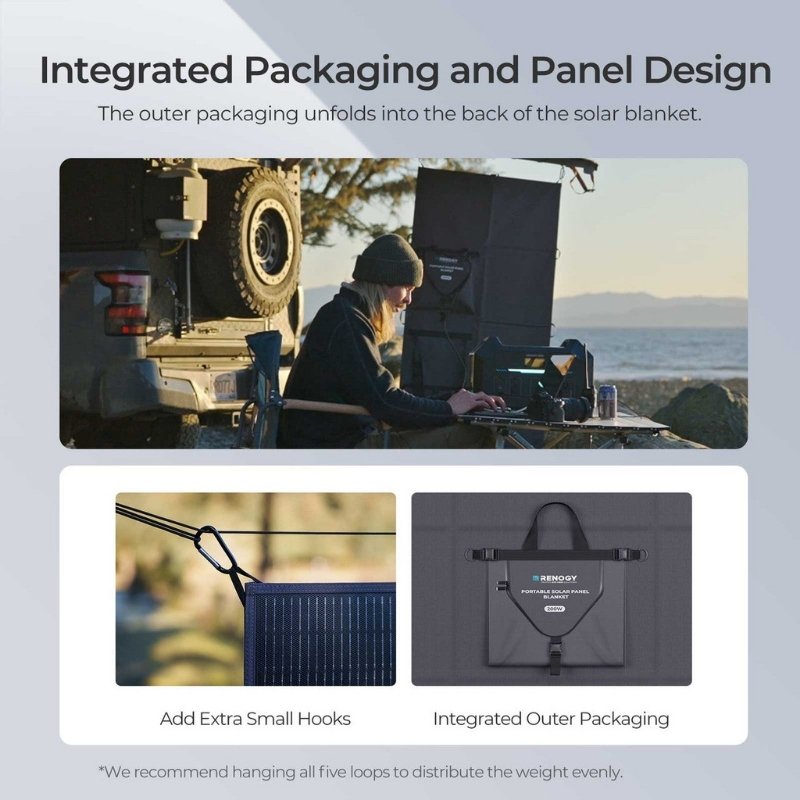 Renogy 200W solar blanket integrated packaging with hook attachments and campsite setup