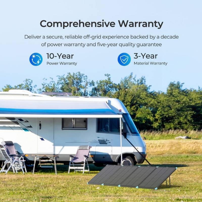 Renogy 300W N-Type compact suitcase solar panel with 10 year power warranty beside RV