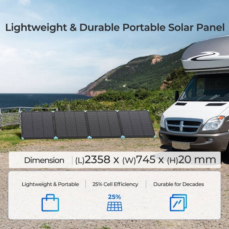 Renogy 300W N-Type suitcase solar panel showing 2358 x 745 mm dimensions on campsite