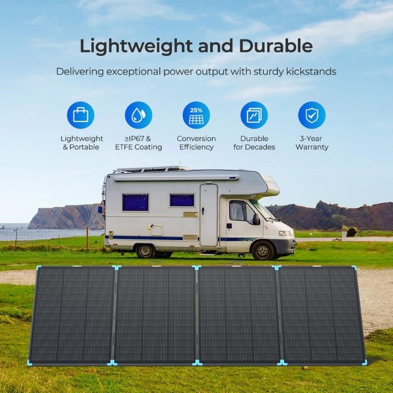 Renogy 300W suitcase solar panel with camper showcasing lightweight portable power