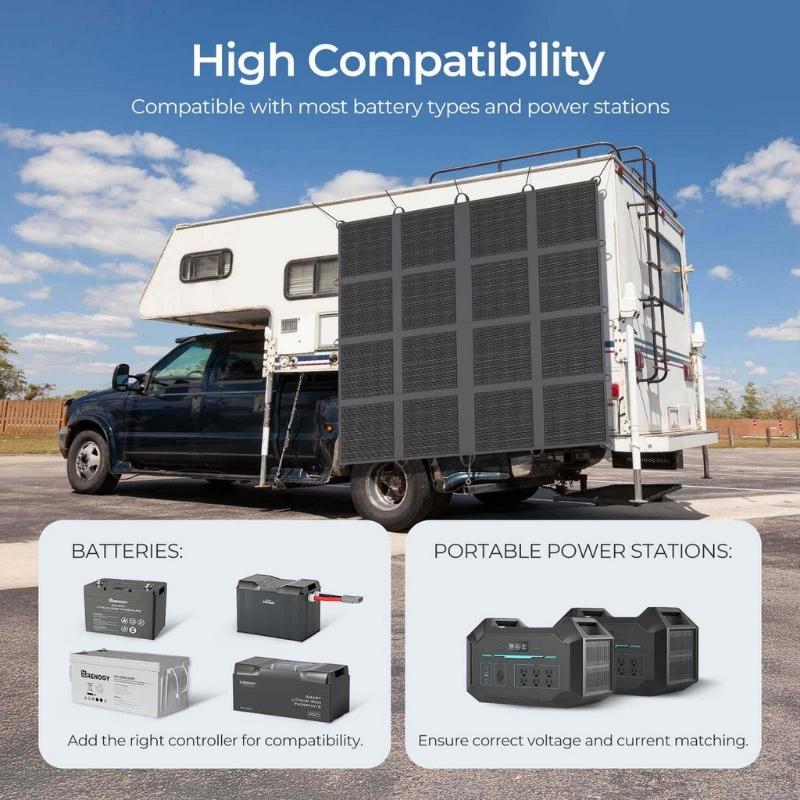 Renogy 400W solar blanket mounted on camper showing compatibility with batteries and power stations