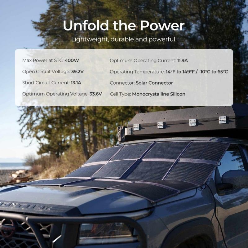 Renogy 400W solar blanket displayed on vehicle hood with technical specifications