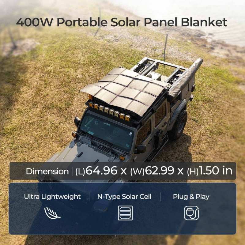 Renogy 400W portable solar blanket stretched across off-road vehicle roof with dimensions shown