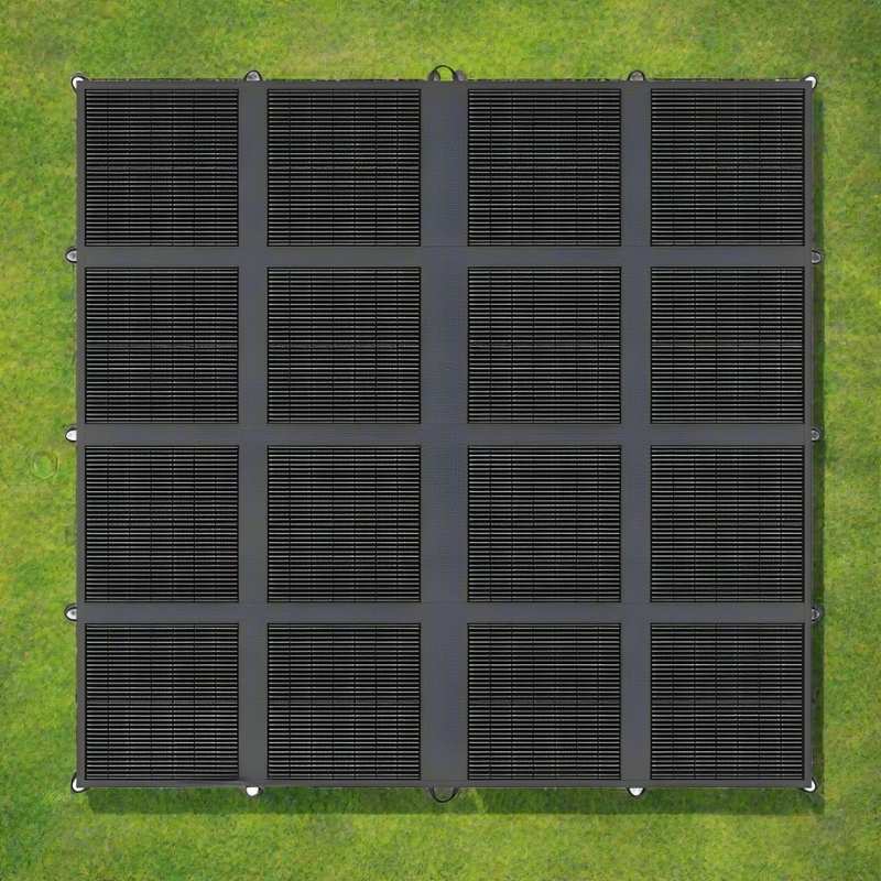 Renogy 400W solar blanket laid flat on grass viewed from above