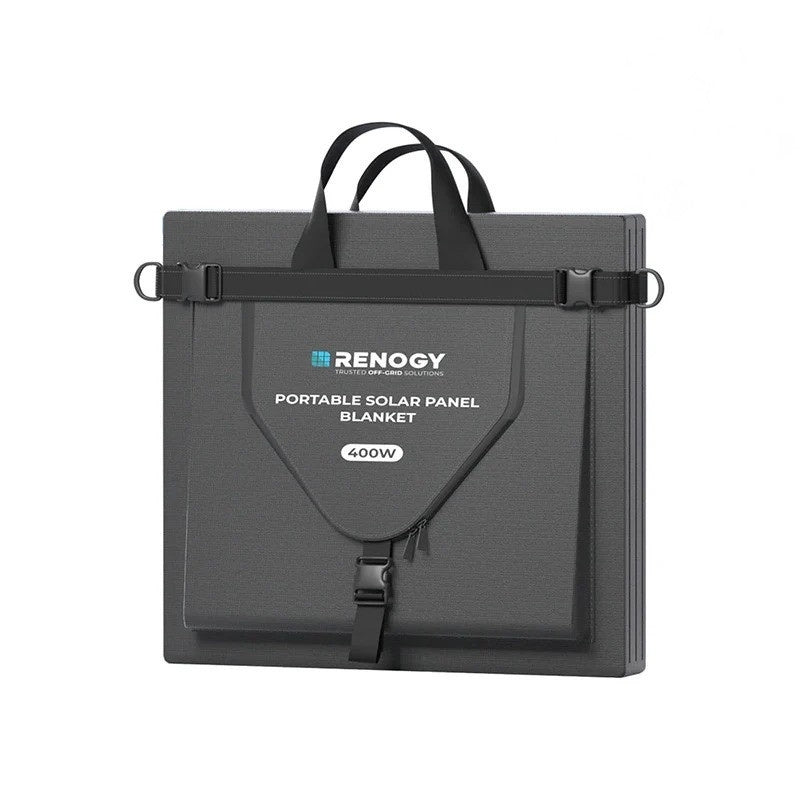Renogy 400W portable solar blanket folded compactly into carrying case with handle
