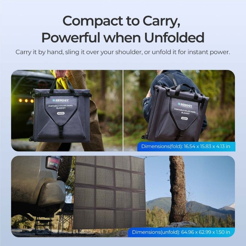 Renogy 400W solar blanket folded for carrying and unfolded to full size in outdoor setting
