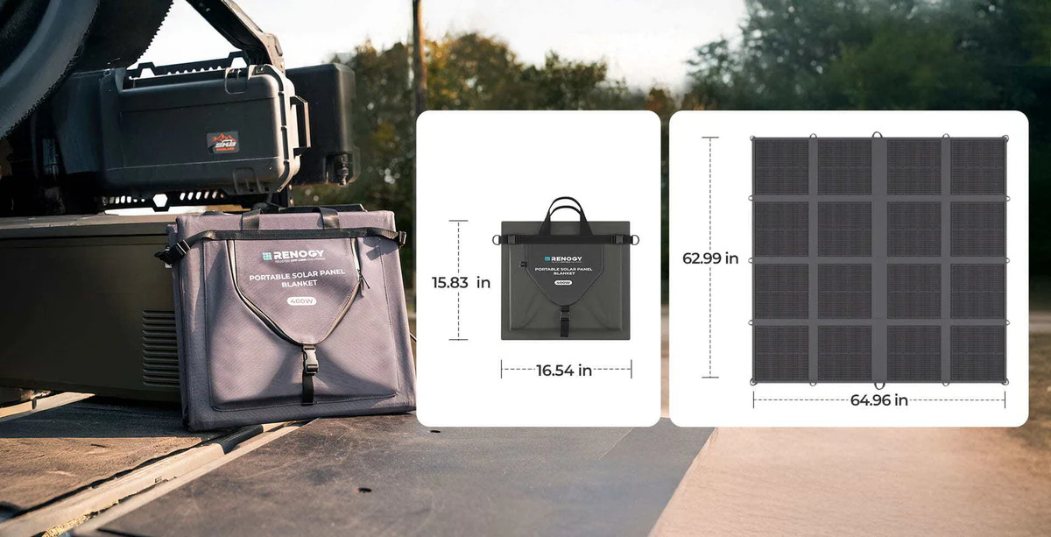 Renogy 400W solar blanket shown folded and fully expanded with exact size measurements
