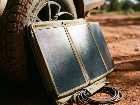 A portable solar panel on red dirt at a bush campsite