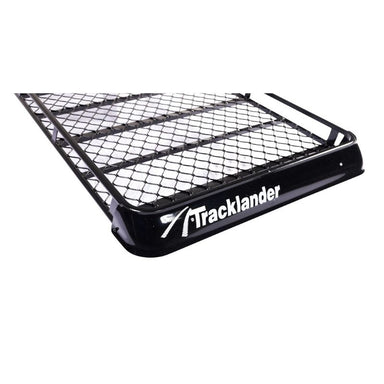 Front corner of Tracklander TLRAL18 roof basket showing 3/4 length layout and edge finish