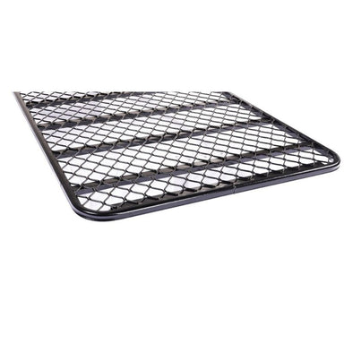 Corner detail of Tracklander TLRAL18FT flat roof rack showing curved edge and mesh layout