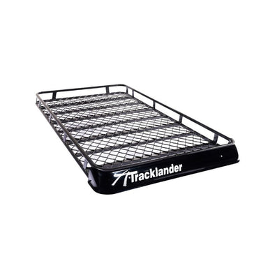 Angled top view of Tracklander TLRAL22 Basket Rack showing reinforced mesh and full rail design