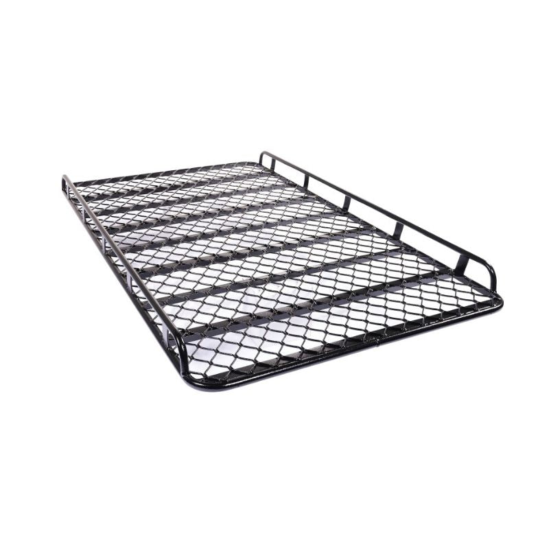 Top side view of TLRAL22OE tradie basket rack showing mesh platform and rail-free ends