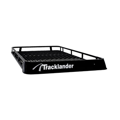 Angled view of Tracklander TLRAL28TC Roof Rack highlighting logo and strong build