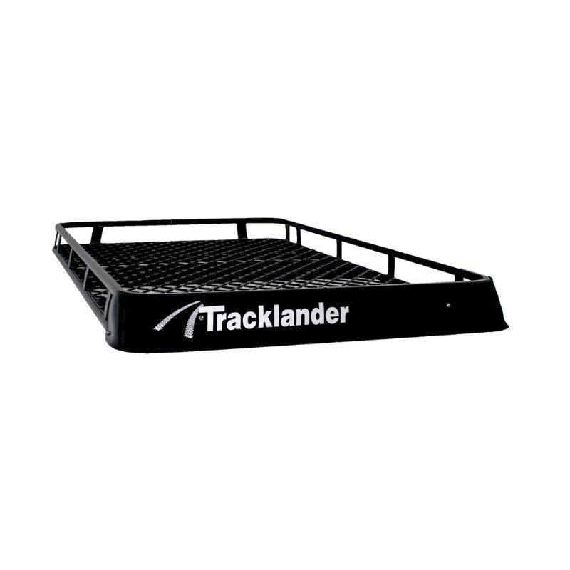 Angled view of Tracklander TLRAL28TC Roof Rack highlighting logo and strong build