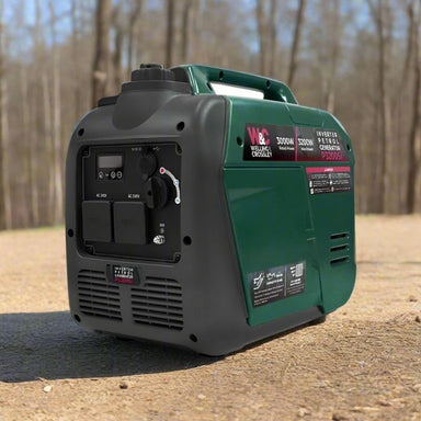 Welling Crossley 3200W portable inverter generator angled view.