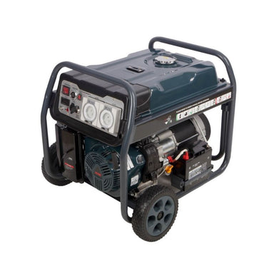 Angled view of Welling & Crossley P8750 generator with wheels and battery