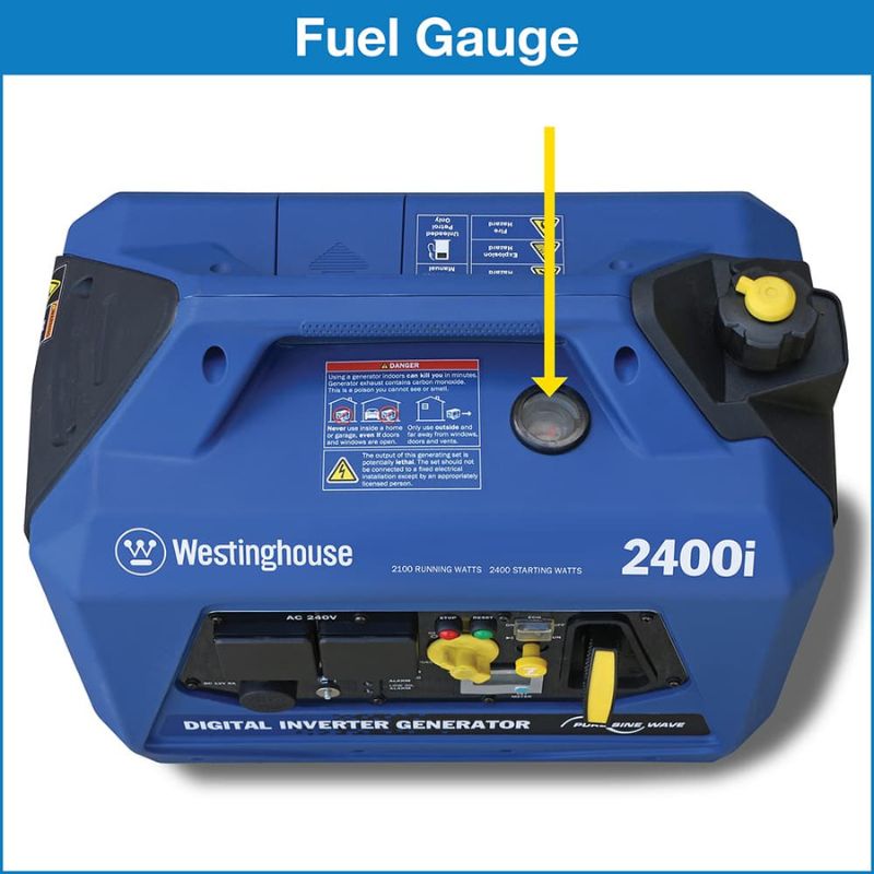 Close-up of fuel gauge location on the top of the Westinghouse 2400i generator