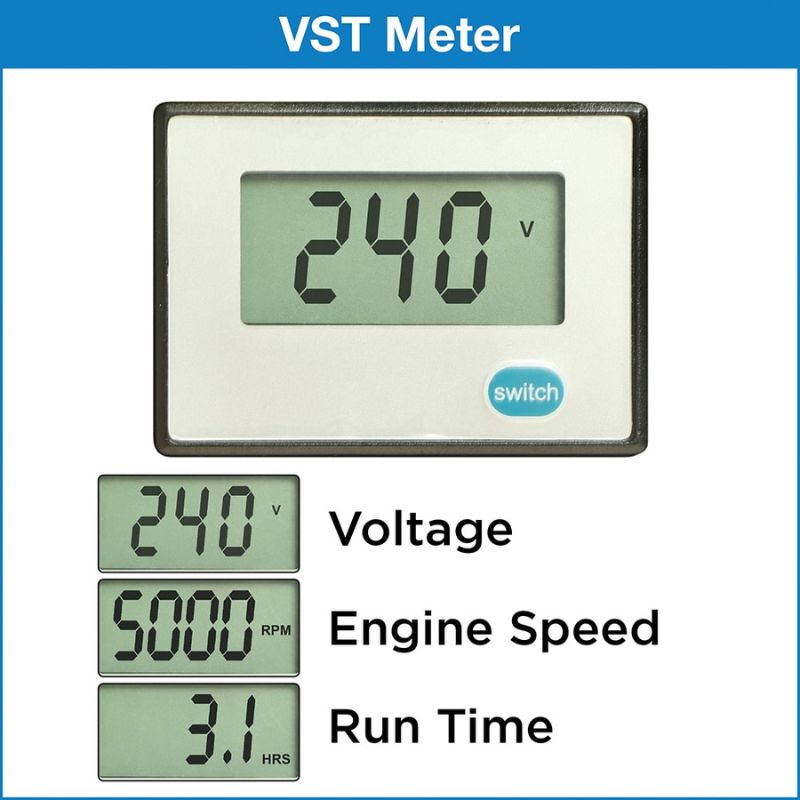 VST meter showing voltage, engine speed, and runtime on the Westinghouse 2400i