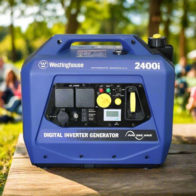 Westinghouse 2400i inverter generator with digital display and control panel in outdoor setting