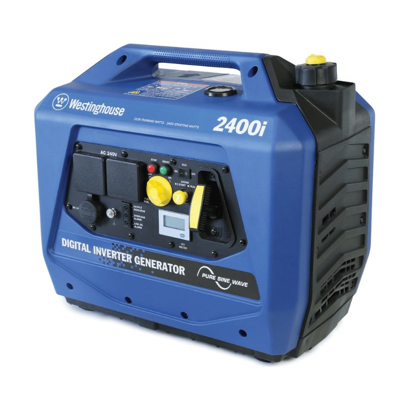 Front view of Westinghouse 2400i inverter generator showing AC outlets and user-friendly interface