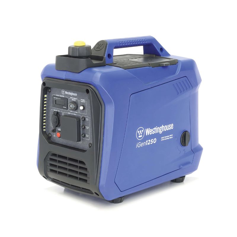 Front angled view of the Westinghouse iGen1250 inverter generator showing power controls