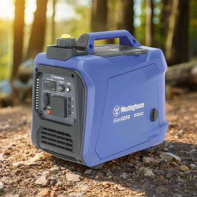 Westinghouse iGen1250 inverter generator right-side angle on forest ground with control panel visible.