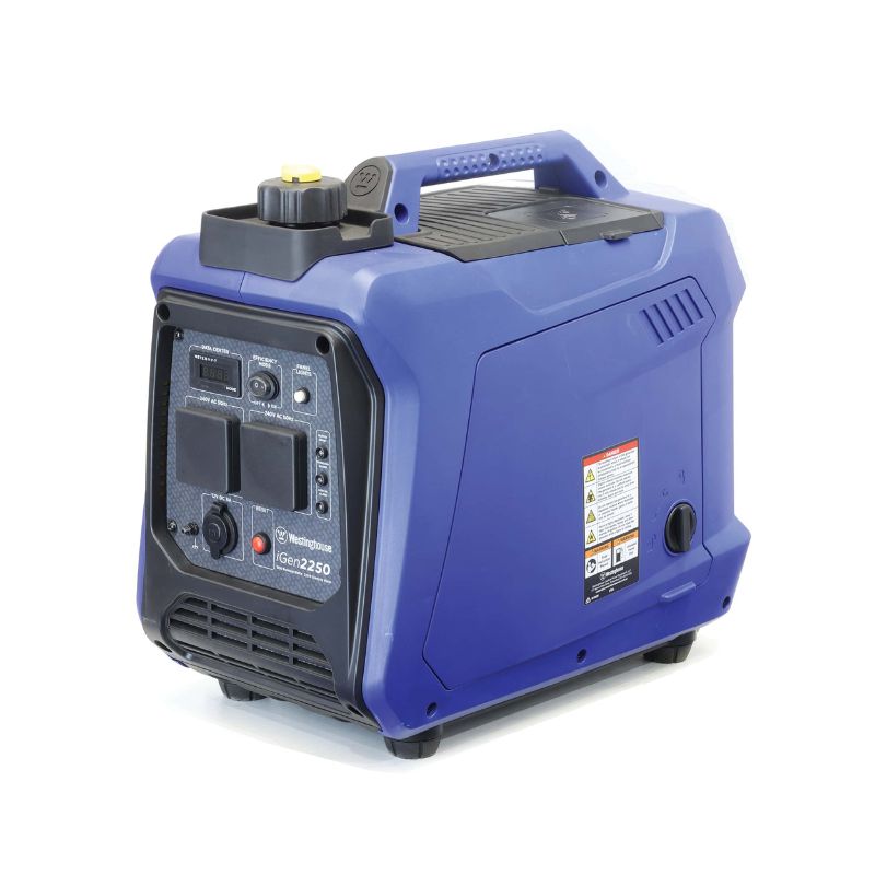Close-up of Westinghouse iGen2250 generator showing dual outlets and indicator lights