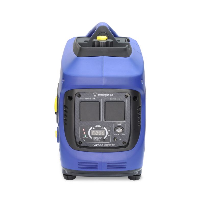 Front view of Westinghouse iGen2600 inverter generator showing dual 240V AC outlets and digital data center.