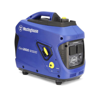 Overall perspective of the Westinghouse iGen2600 inverter generator featuring durable build and side control layout.