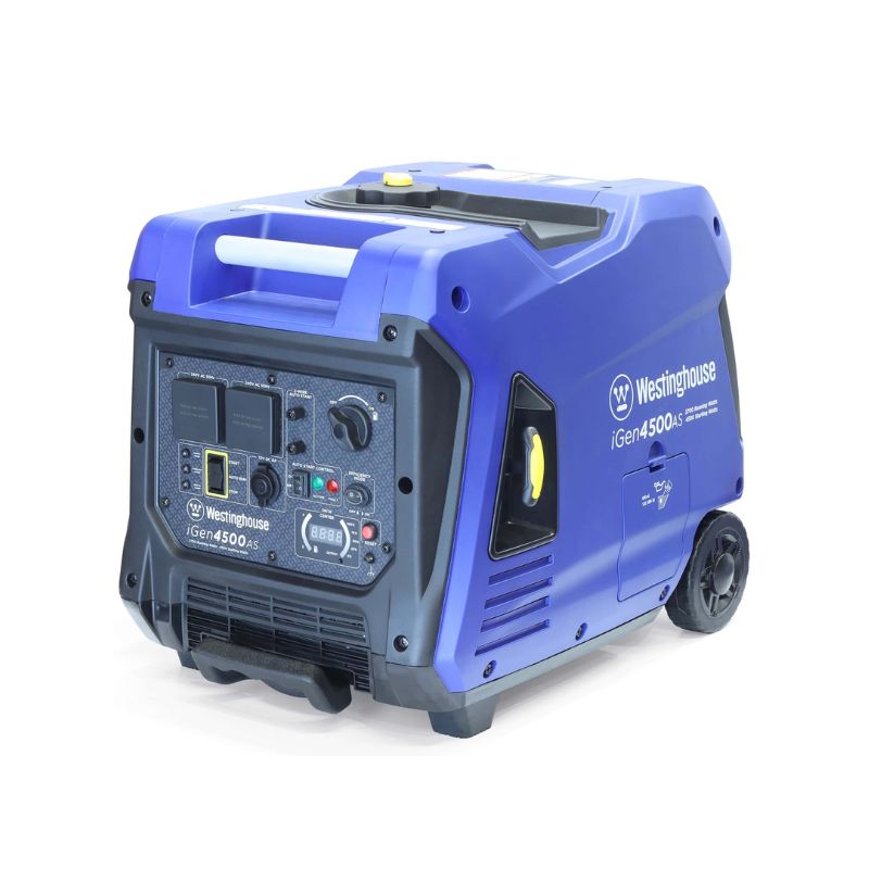 Angled view of Westinghouse iGen4500AS control panel with ports and outlets.