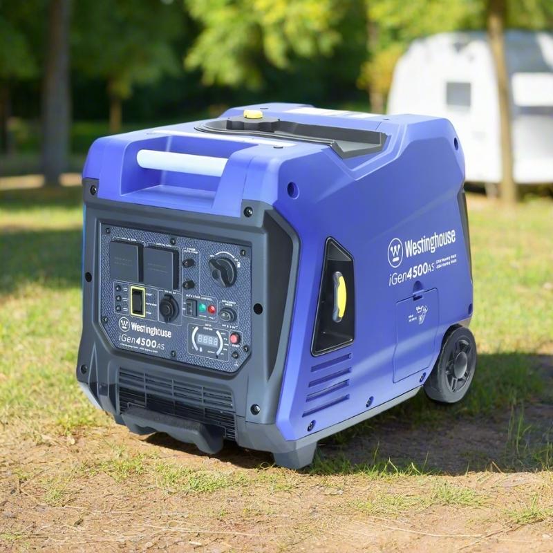 Westinghouse iGen4500as inverter generator side view showing control panel and wheels on grass