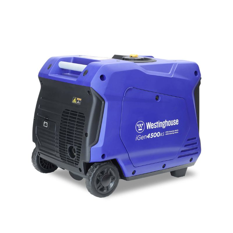 Rear left angle of the Westinghouse iGen4500AS with ventilation and wheels visible.