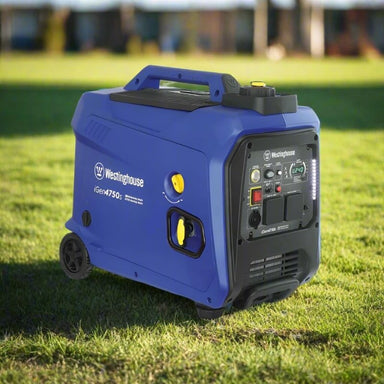 Westinghouse iGen4750s inverter generator with remote start, angled front panel view on grass