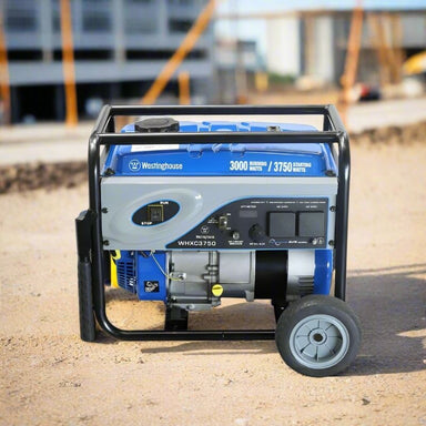 Westinghouse WHXC3750 portable generator front panel with 3000W output on construction site