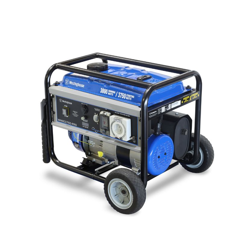 Angled view of Westinghouse WHXC3750-PRO showing compact frame, outlets, and control panel layout.