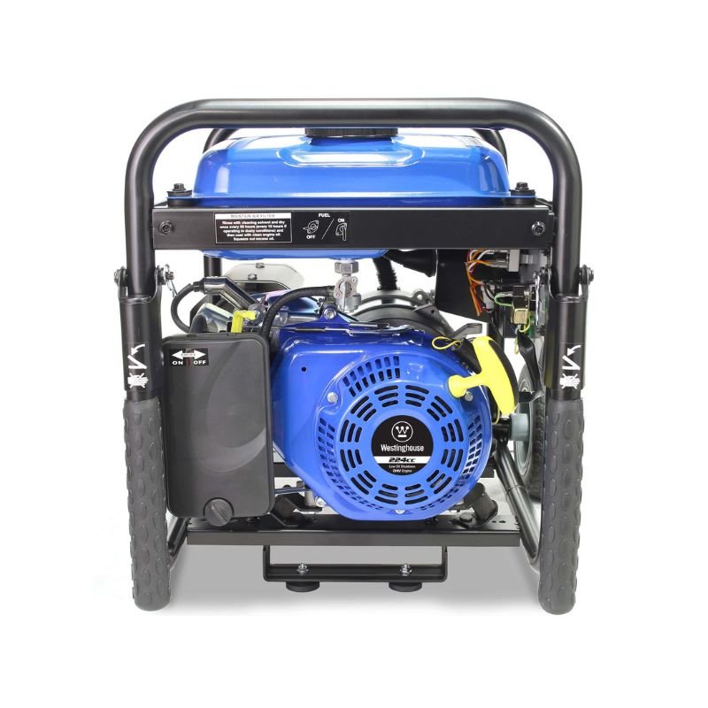 Rear engine close-up of the Westinghouse WHXC3750-PRO generator showing 224cc motor and build quality.