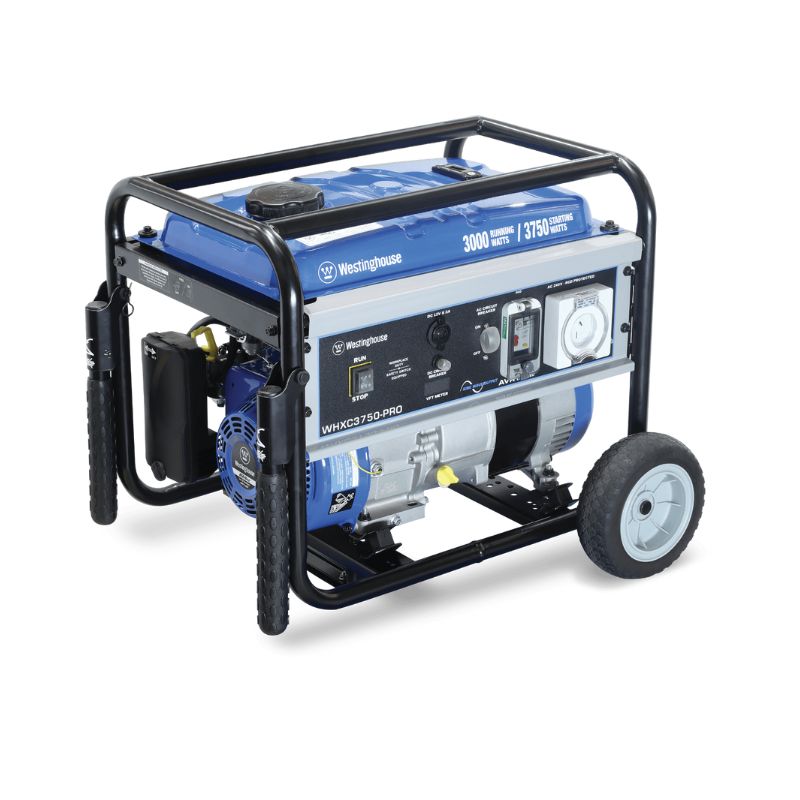 Side view of Westinghouse WHXC3750-PRO generator featuring full steel frame and fold-down handles.