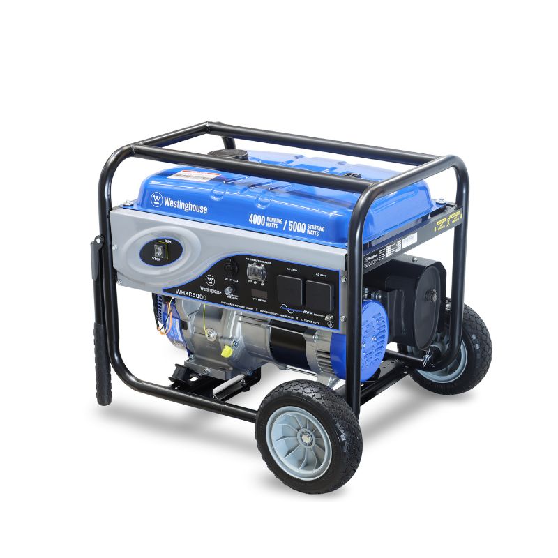 Three-quarter view of Westinghouse WHXC5000 portable petrol generator.