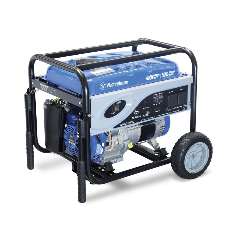 Angled shot of Westinghouse WHXC5000 generator showing wheels and side outlets.