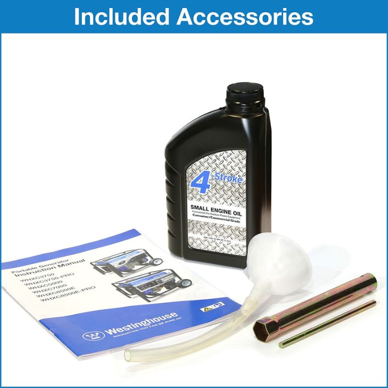 Accessories included with the Westinghouse WHXC7000 generator such as oil and tools