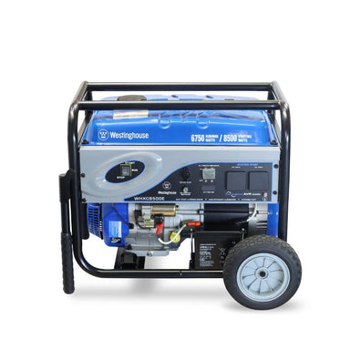 Front-facing view of the Westinghouse WHXC8500E generator showing control panel and branding.