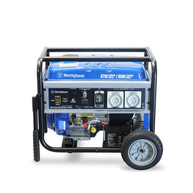 Front-facing shot of Westinghouse WHXC8500E-PRO generator with twin outlets and VFT meter display