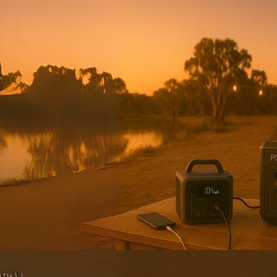 A panoramic digital photograph showcases portable power stations of varying sizes powering devices across different Australian outdoor settings, from phone charging by a river to camping appliances and a van kitchen setup
