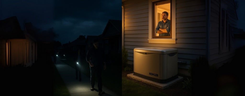 A split panoramic photograph compares a nighttime blackout to generator powered home